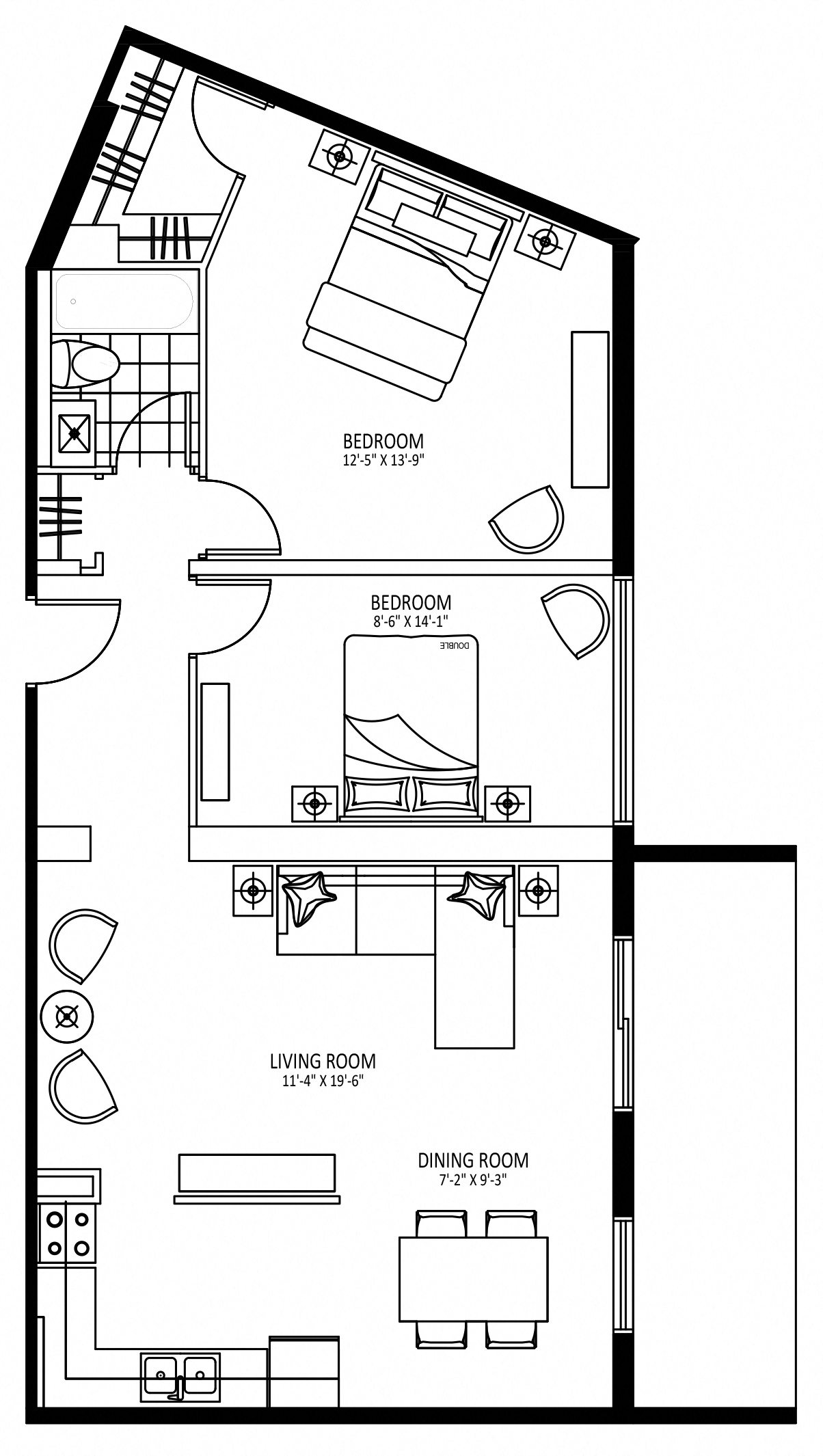 Floor plan for 2 beds, 1 bath, 899 sqft